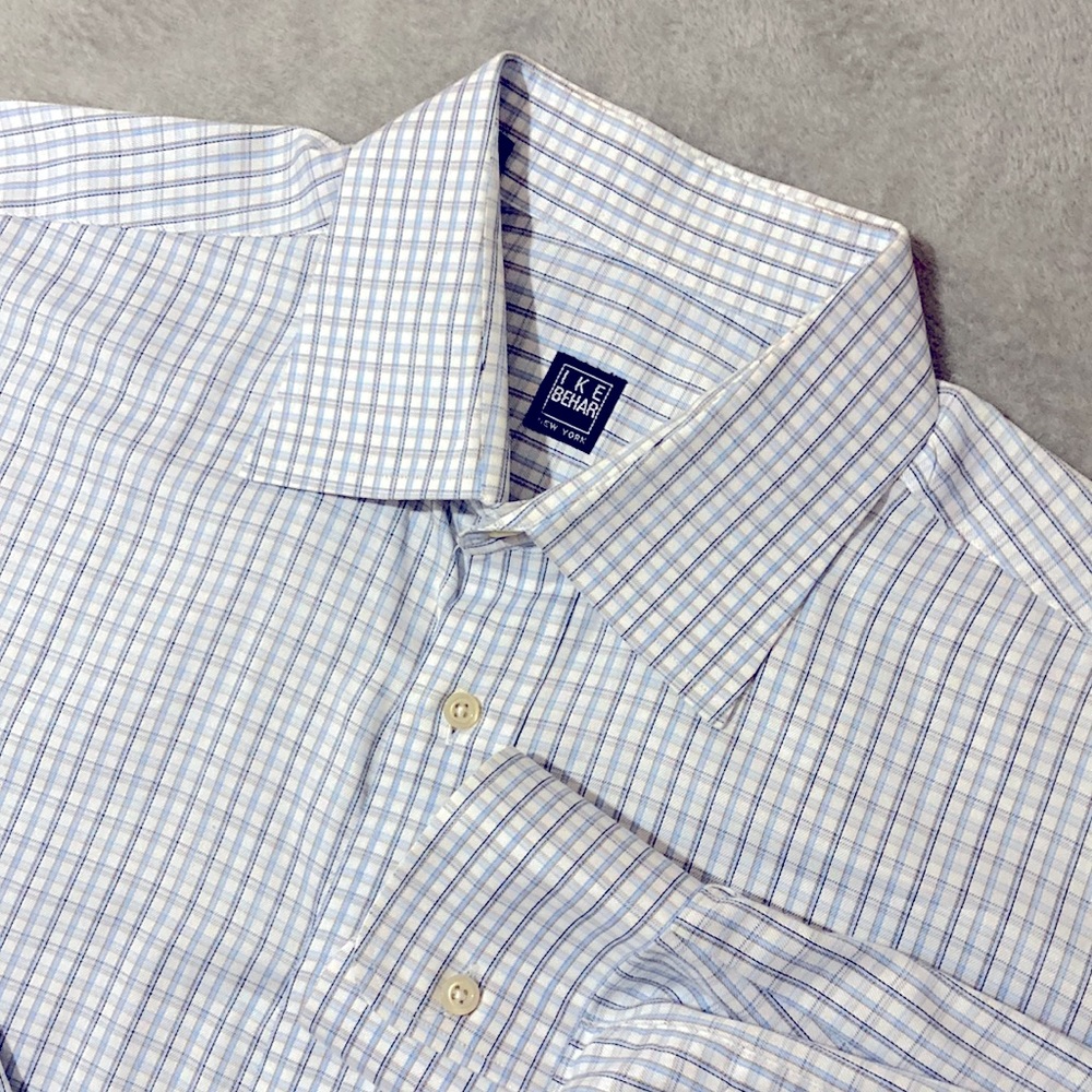 IKE BEHAR Dress Shirt Mens Size 16 1/2 35 Sky Blue White Windowpane Long Sleeve